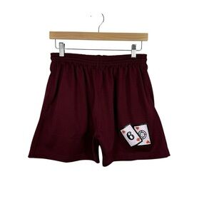 VINTAGE 6Shot Men's Maroon Mesh Shorts Playing Card Patch Size M